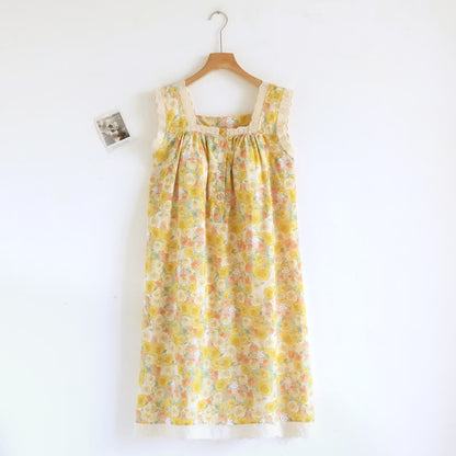 Yellow Floral Lace Trim Cotton Nightgown