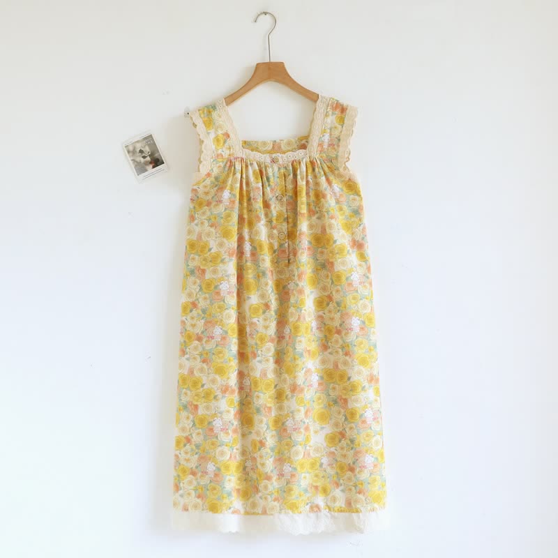 Yellow Floral Lace Trim Cotton Nightgown