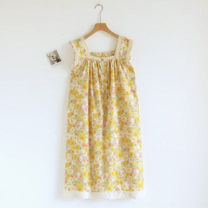 Yellow Floral Lace Trim Cotton Nightgown