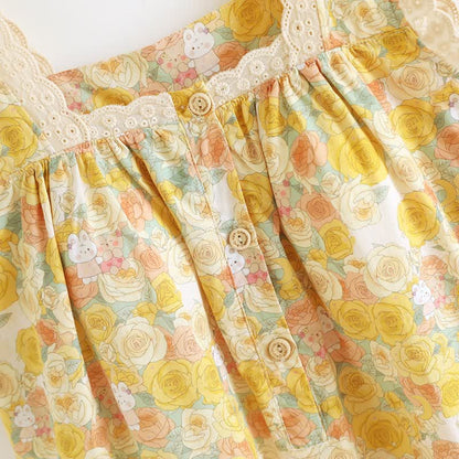 Yellow Floral Lace Trim Cotton Nightgown