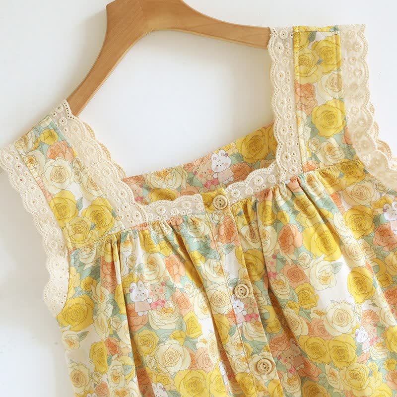 Yellow Floral Lace Trim Cotton Nightgown
