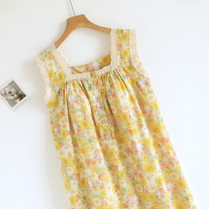 Yellow Floral Lace Trim Cotton Nightgown