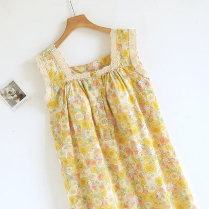 Yellow Floral Lace Trim Cotton Nightgown