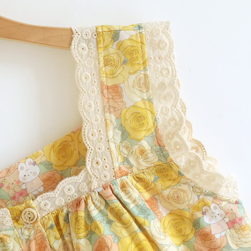 Yellow Floral Lace Trim Cotton Nightgown