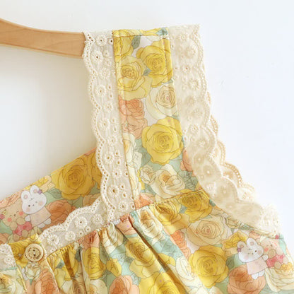 Yellow Floral Lace Trim Cotton Nightgown