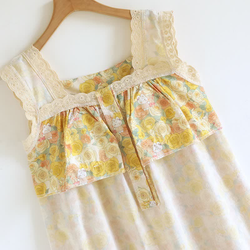 Yellow Floral Lace Trim Cotton Nightgown