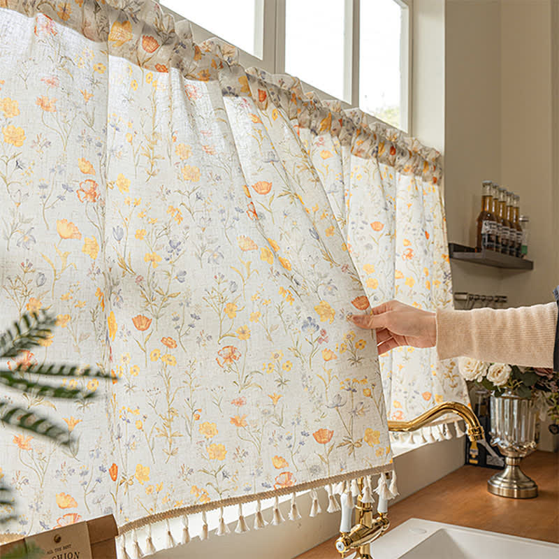 Floral Semi-Sheer Kitchen Half Curtain