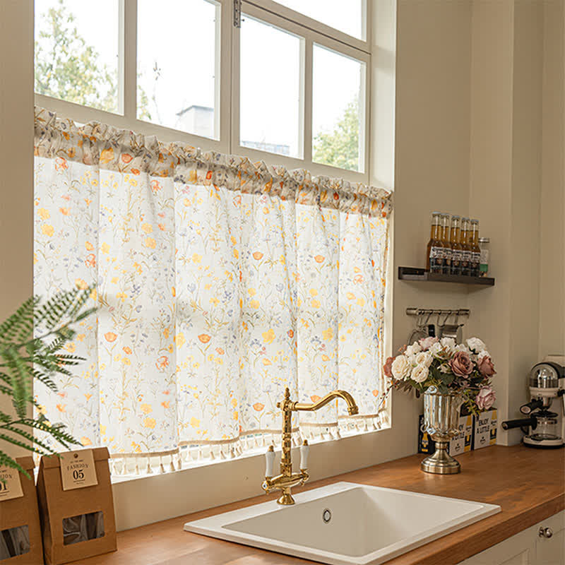 Floral Semi-Sheer Kitchen Half Curtain