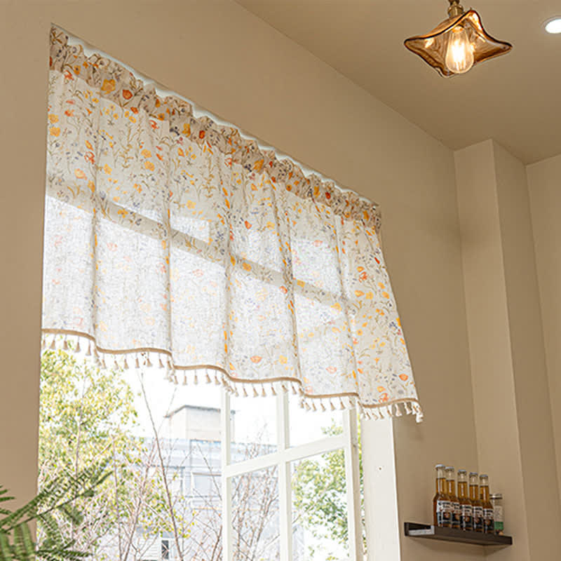 Floral Semi-Sheer Kitchen Half Curtain