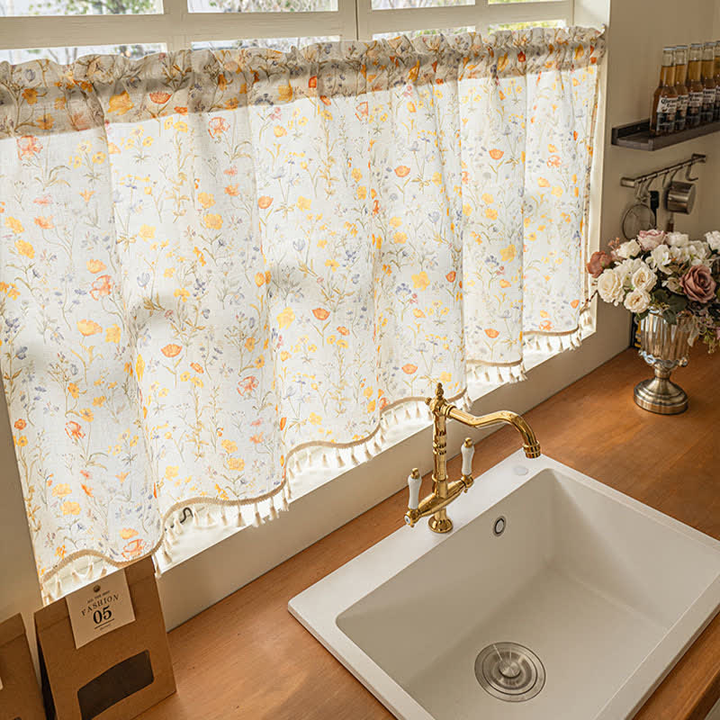 Floral Semi-Sheer Kitchen Half Curtain