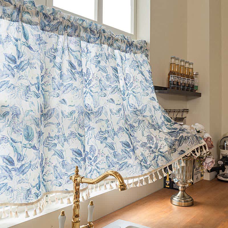 Botanical Linen Kitchen Curtain with Tassels