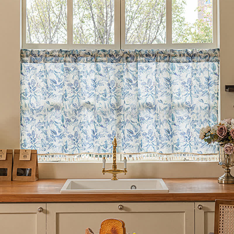 Botanical Linen Kitchen Curtain with Tassels
