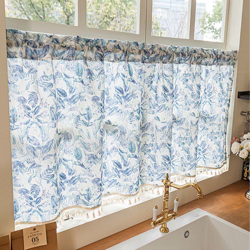 Botanical Linen Kitchen Curtain with Tassels
