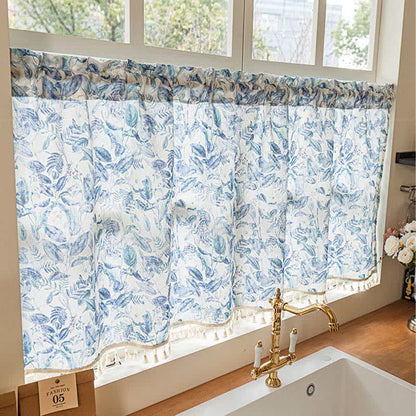Botanical Linen Kitchen Curtain with Tassels