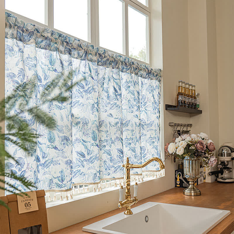 Botanical Linen Kitchen Curtain with Tassels