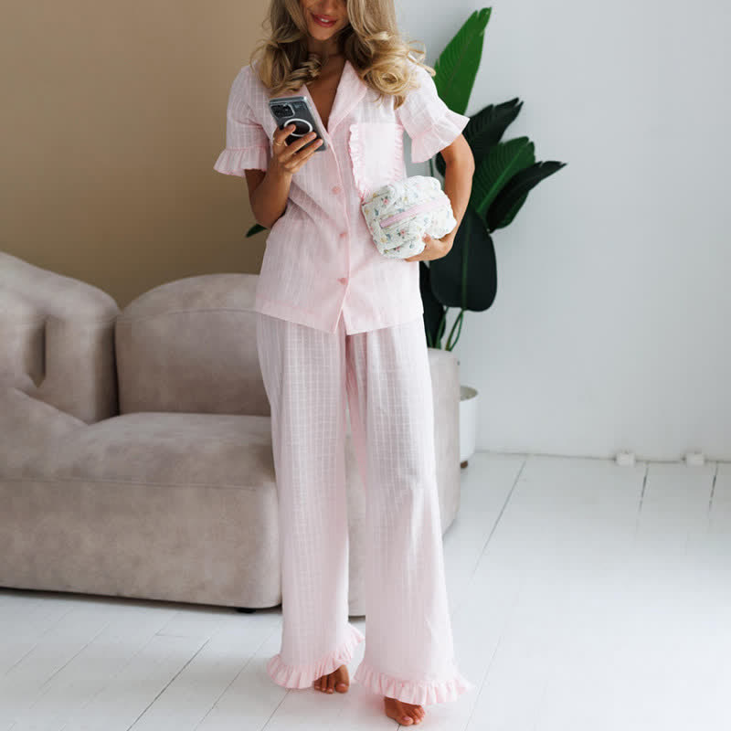 Pink Cotton Ruffle Women's Loungewear Set