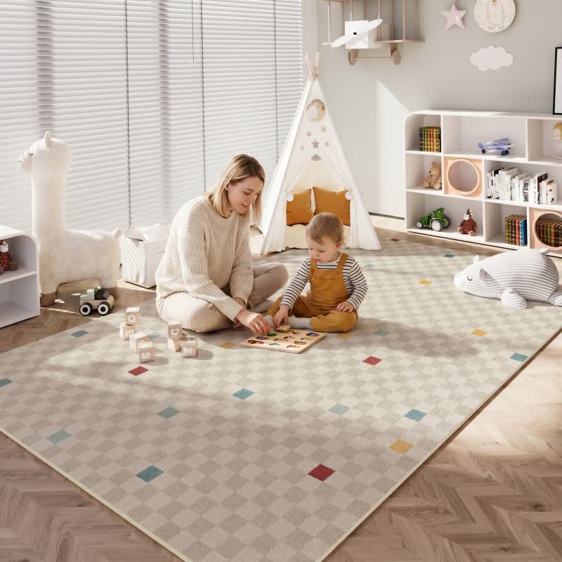 Neutral Checkered Kids Area Rug