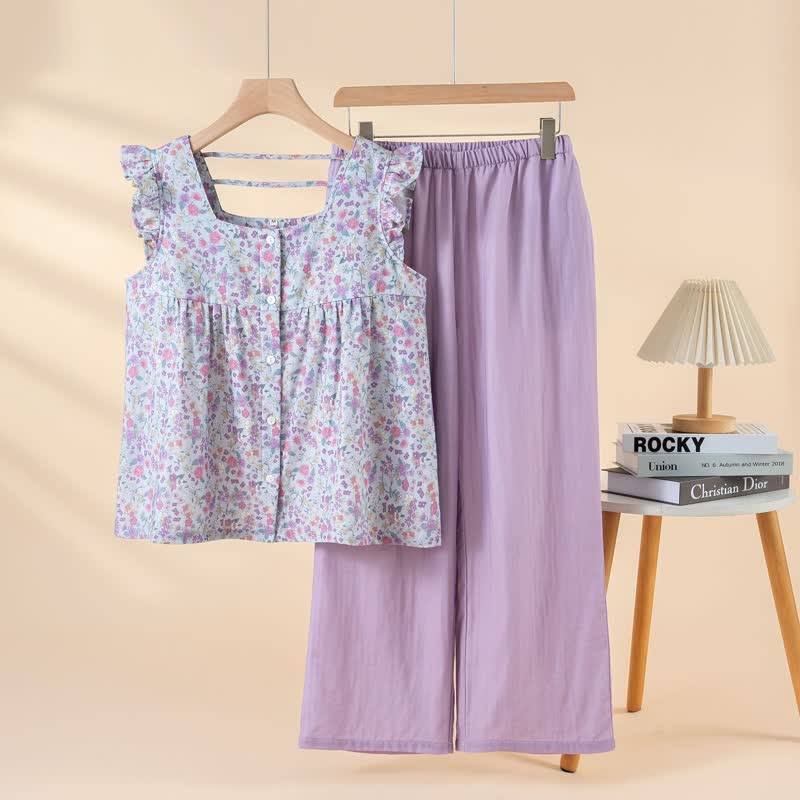 Floral Cotton Gauze Ruffle Loungewear Set