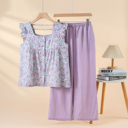 Floral Cotton Gauze Ruffle Loungewear Set