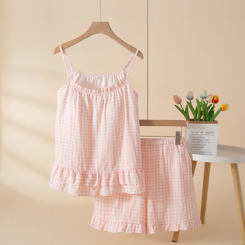 Soft Gingham Cotton Ruffle Loungewear Set