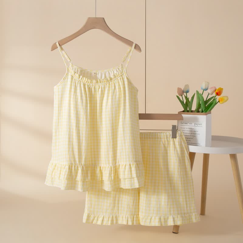 Soft Gingham Cotton Ruffle Loungewear Set