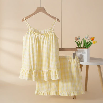 Soft Gingham Cotton Ruffle Loungewear Set