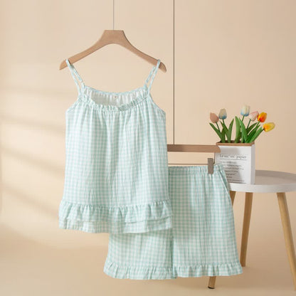 Soft Gingham Cotton Ruffle Loungewear Set