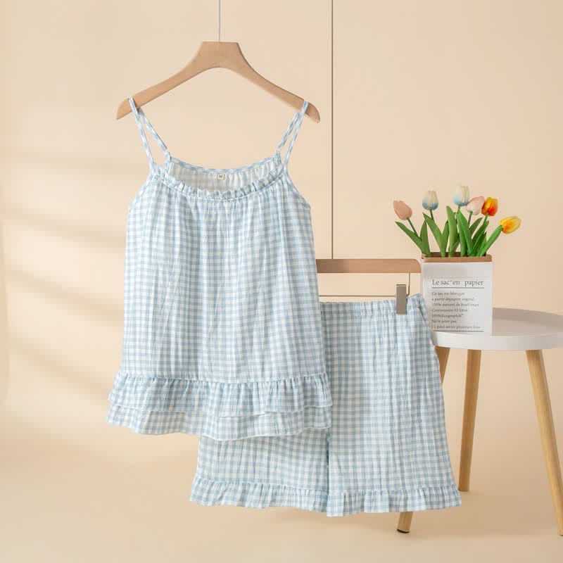 Soft Gingham Cotton Ruffle Loungewear Set