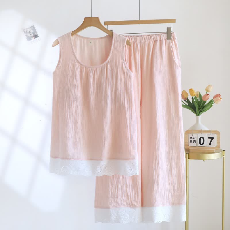 Solid Cotton Gauze Lace Loungewear Set