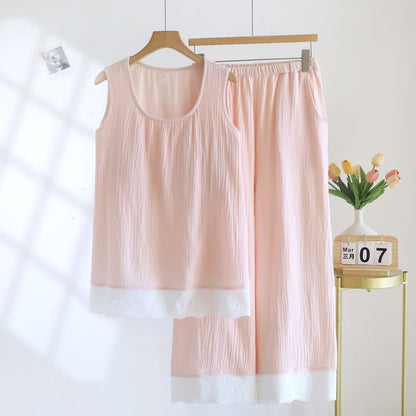 Solid Cotton Gauze Lace Loungewear Set