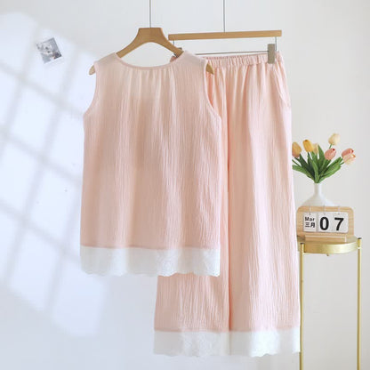 Solid Cotton Gauze Lace Loungewear Set
