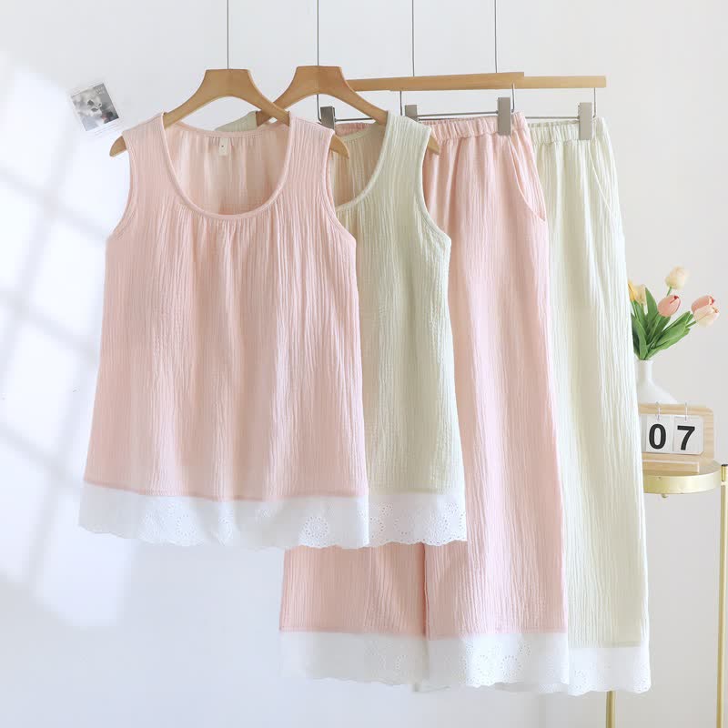 Solid Cotton Gauze Lace Loungewear Set