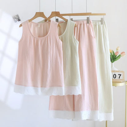 Solid Cotton Gauze Lace Loungewear Set