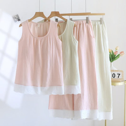 Solid Cotton Gauze Lace Loungewear Set