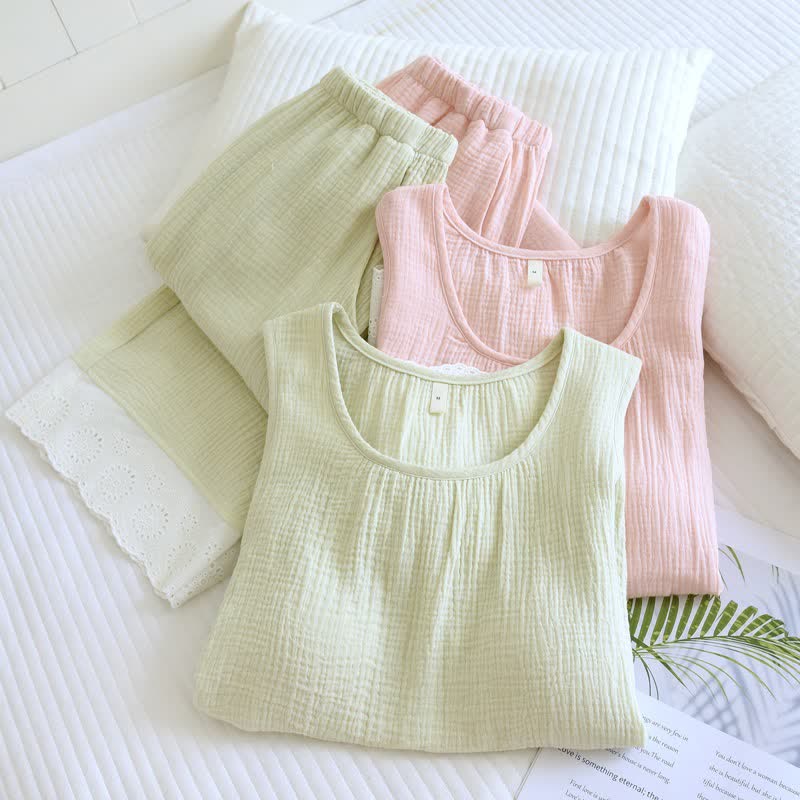Solid Cotton Gauze Lace Loungewear Set