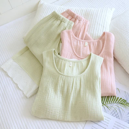 Solid Cotton Gauze Lace Loungewear Set