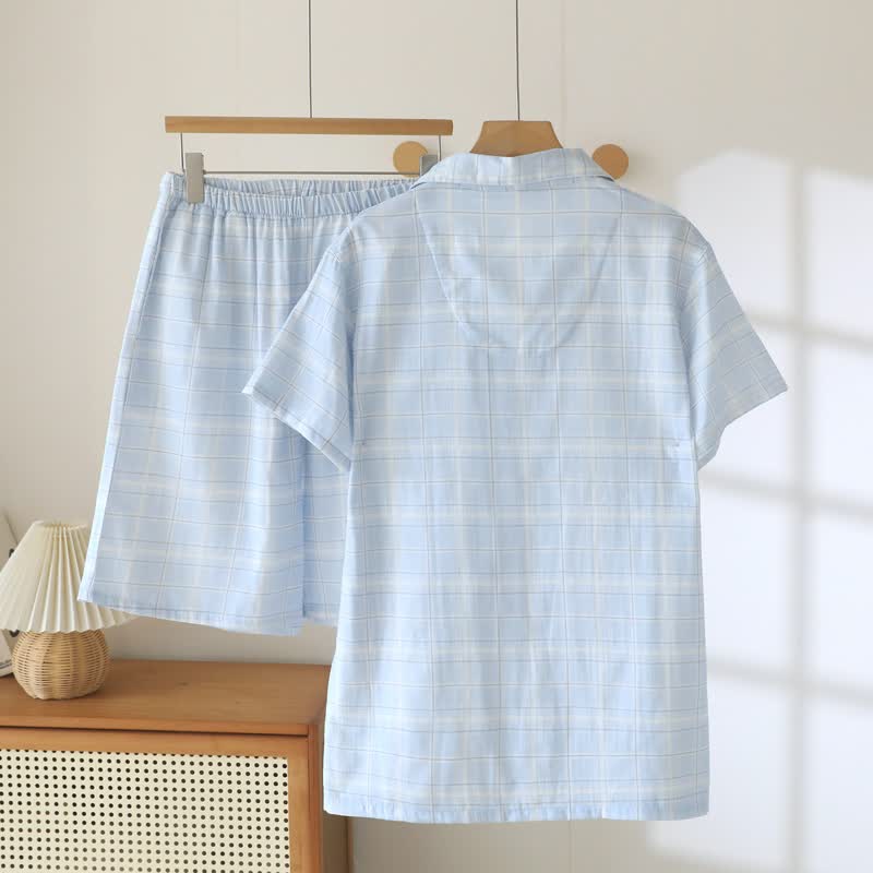 Short-Sleeve Cotton Plaid Sleepwear Set