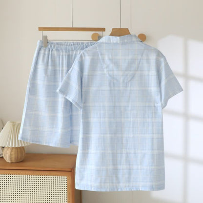 Short-Sleeve Cotton Plaid Sleepwear Set