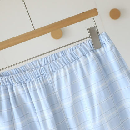 Short-Sleeve Cotton Plaid Sleepwear Set