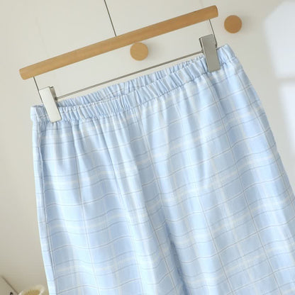 Short-Sleeve Cotton Plaid Sleepwear Set