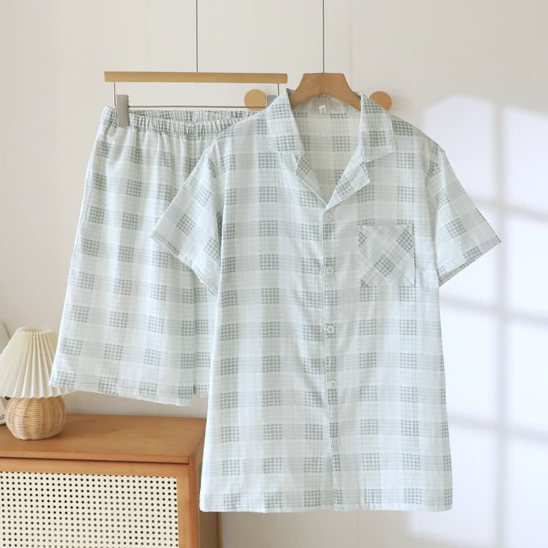 Short-Sleeve Cotton Plaid Sleepwear Set