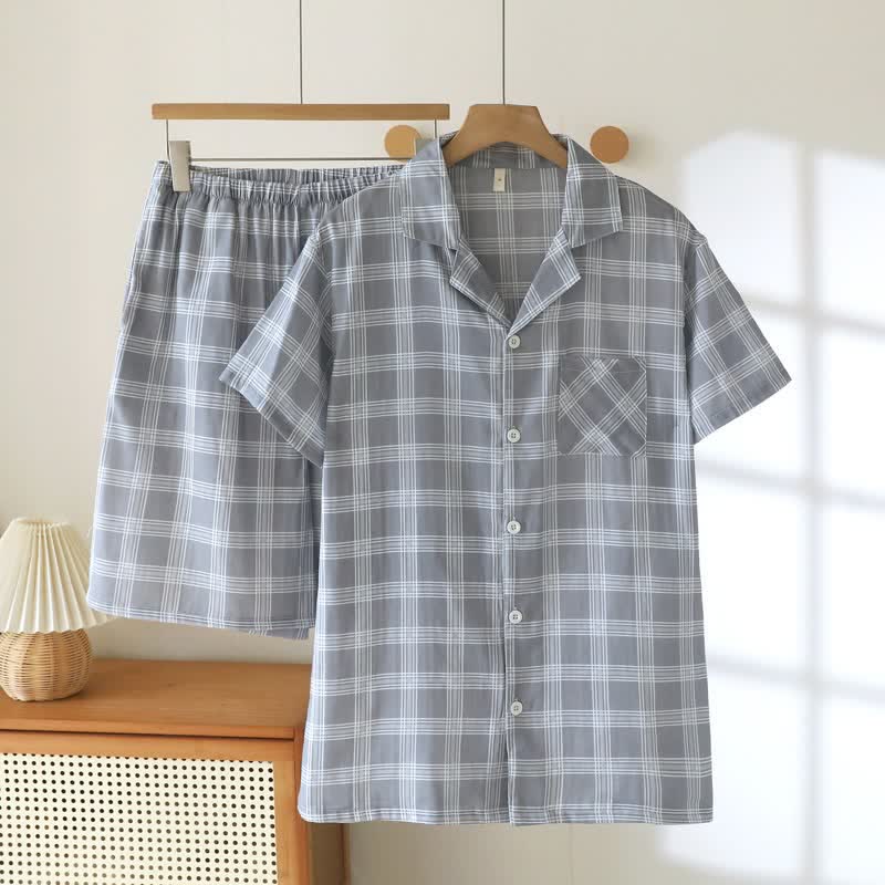 Short-Sleeve Cotton Plaid Sleepwear Set