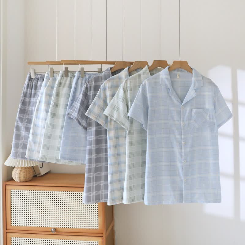Short-Sleeve Cotton Plaid Sleepwear Set