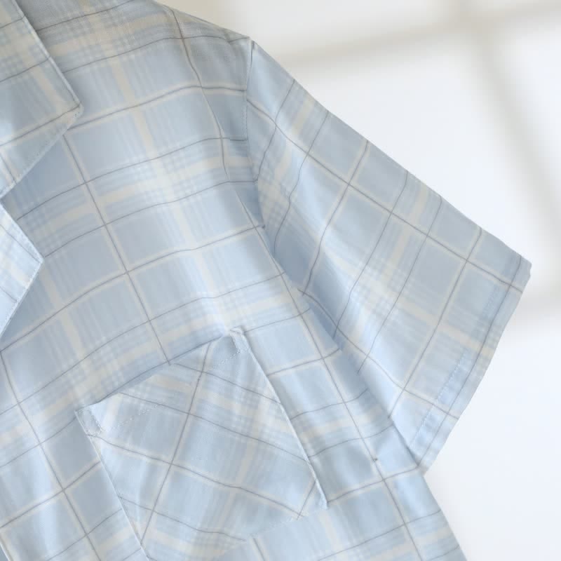 Short-Sleeve Cotton Plaid Sleepwear Set