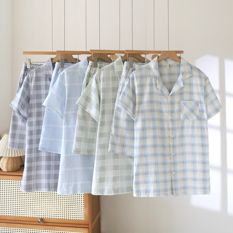 Short-Sleeve Cotton Plaid Sleepwear Set