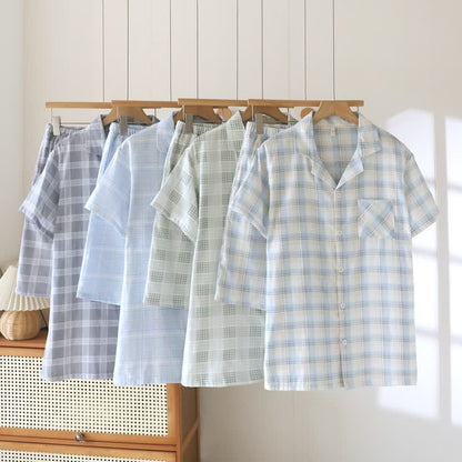 Short-Sleeve Cotton Plaid Sleepwear Set