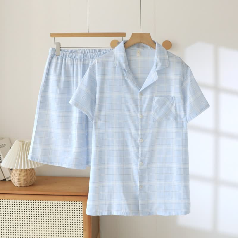 Short-Sleeve Cotton Plaid Sleepwear Set