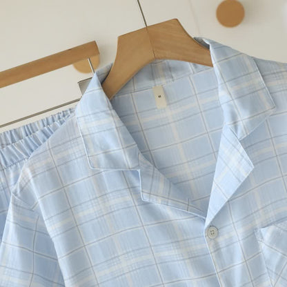 Short-Sleeve Cotton Plaid Sleepwear Set