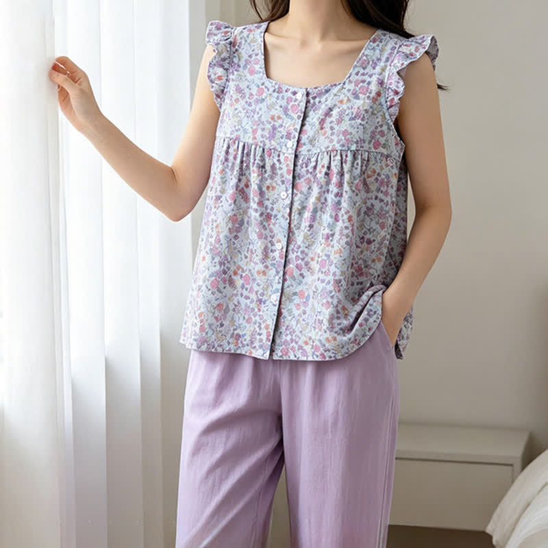 Floral Cotton Gauze Ruffle Loungewear Set