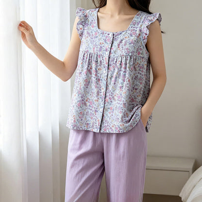 Floral Cotton Gauze Ruffle Loungewear Set